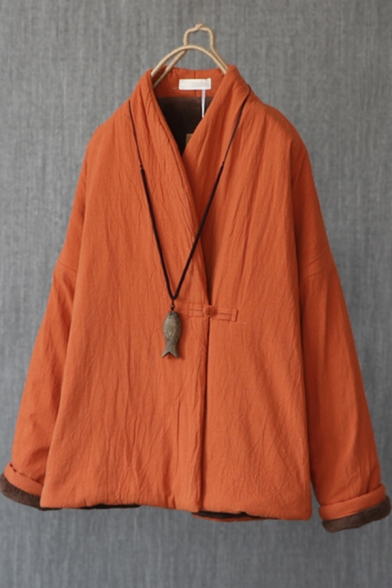 Chinese Style Coat Plain Linen and Cotton Long Sleeve Surplice Neck Frog Button Relaxed Coat