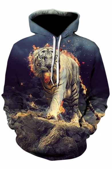 Creative Men's Hoodie Tiger Galaxy Fire Flame 3D Pattern Long Sleeve Drawstring Hooded Sweatshirt