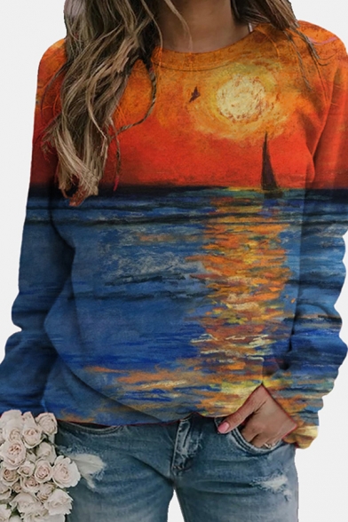 Fancy Girls Sweatshirt Sunset River 3D Printed Long Sleeve Crew Neck Relaxed Pullover Sweatshirt