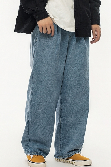 Fancy Men's Jeans Light Wash Zip Fly Pocket Design Elastic Waist Long Wide Leg Jeans