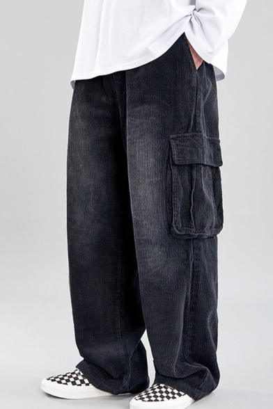 Fancy Men's Pants Solid Color Corduroy Flap Pocket Pocket Detail Long Wide Leg Pants