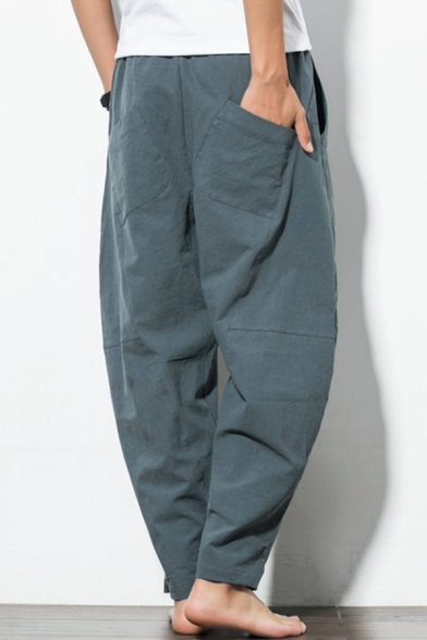 Fancy Men's Pants Solid Color Drawstring Waist Side Pocket Long Tapered Pants