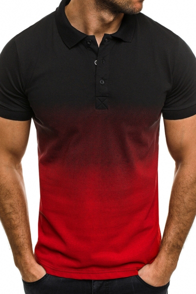 Fancy Men's Polo Shirt Ombre Pattern Button Design Spread Collar Short Sleeve Regular Fitted Polo Shirt