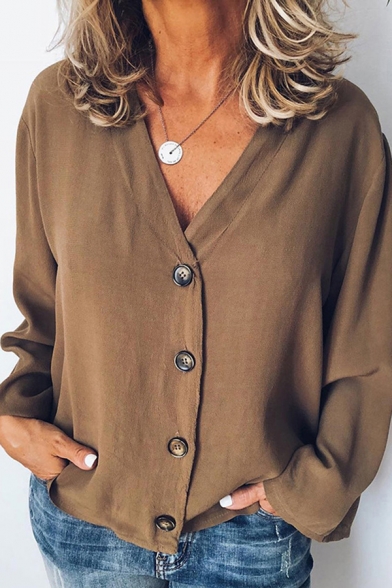 Fancy Women's Shirt Blouse Solid Color Button Closure Long Sleeves Regular Fitted Shirt
