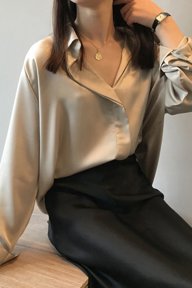 Fancy Women's Shirt Blouse Solid Color Button Fly Spread Collar Satin Long Sleeves Regular Fitted Shirt Blouse