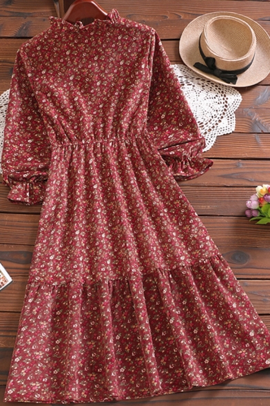 Fashion Womens Dress Ditsy Floral Printed Long Sleeve Bow Tied Neck Ruffled Mid A-line Dress in Red