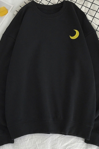 Guys Popular Sweatshirt Moon Sun Cloud Embroidery Long Sleeve Crew Neck Relaxed Pullover Sweatshirt