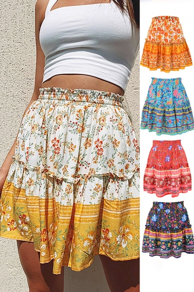 Holiday Womens Skirt Floral Printed Elastic Waist Ruffled Short Pleated A-line Skirt