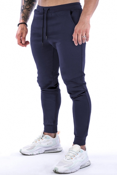 Leisure Mens Pants Solid Color Drawstring Waist Ankle Fitted Pants