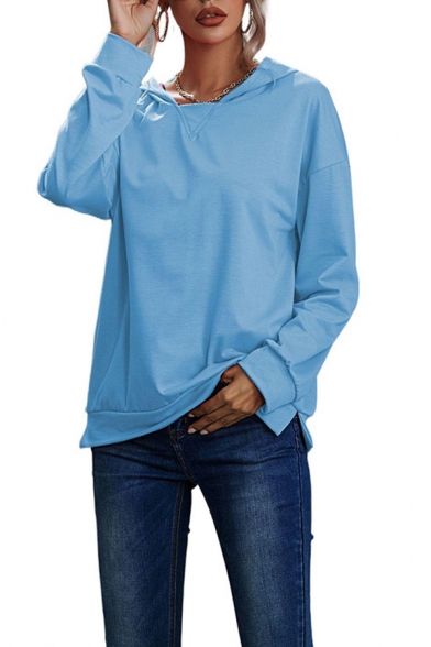 Leisure Women's Hoodie Side Split Long Sleeves Solid Color Long Sleeves Hooded Sweatshirt