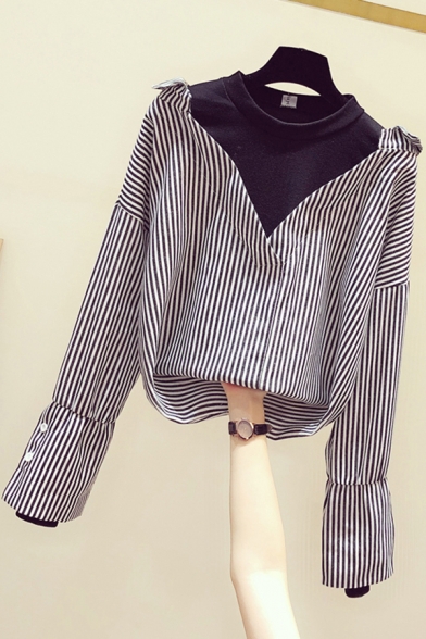 Leisure Women's Shirt Patchwork Stripe Pattern Faux Twinset Mock Neck Long Sleeves Regular Fitted Shirt
