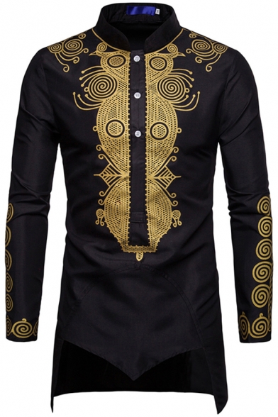 Mens Middle East Shirt Hot Stamping Patterned Long Sleeve Stand Collar Button Up Irregular Hem Tunic Shirt Top