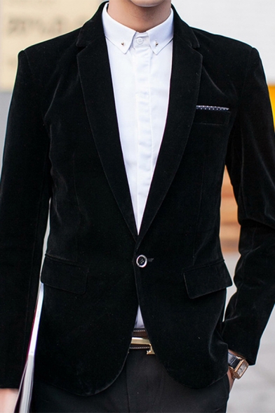 New Fashion Plain Notched Lapel Single Button Long Sleeve Split Back Mens Velvet Suit Blazer
