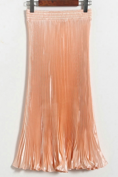 Novelty Womens Skirt Solid Color Metallic Midi High Elastic Waist Pleated Skirt