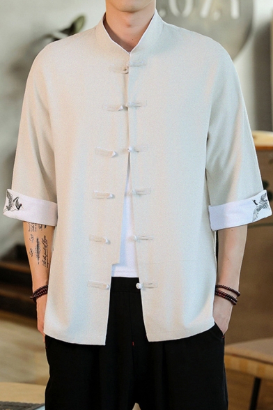 Stylish Men's Shirt Horn Button Closure Mock Neck Contrast Trim Crane Embroidered Half Sleeve Mock Neck Regular Fitted Shirt
