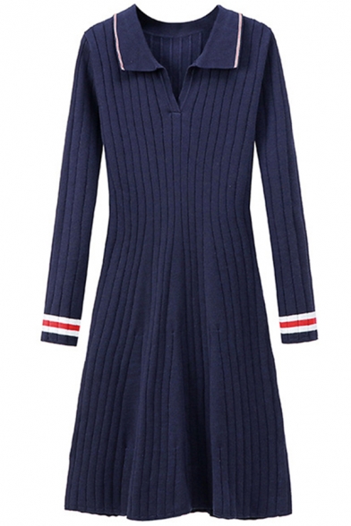 Stylish Womens Dress Stripe Print Ribbed Long Sleeve V-neck Mid A-line Dress in Royal Blue
