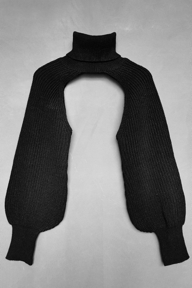 Stylish Womens Sweater Plain Blouson Sleeve Turtleneck Knitted Super Cropped Sweater