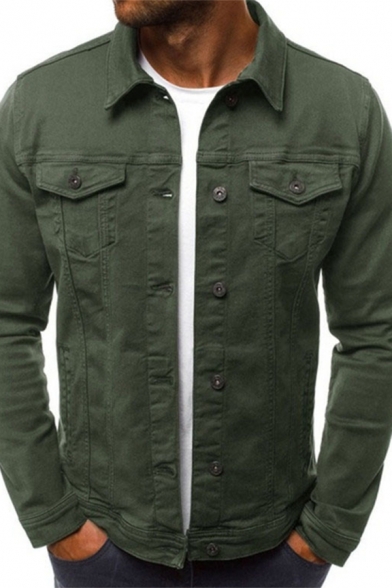 Trendy Men's Denim Jacket Solid Color Flap Chest Pocket Spread Collar Long Sleeves Regular Fitted Denim Jacket
