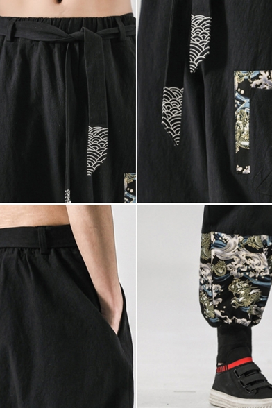 Trendy Men's Pants Contrast Panel Graphic Print Elastic Waist Banded Cuffs Ankle Length Pants