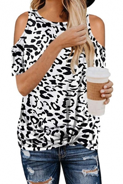 Trendy Women's Tee Top Leopard Print Cold Shoulder Round Neck Short Sleeves Regular Fitted T-Shirt
