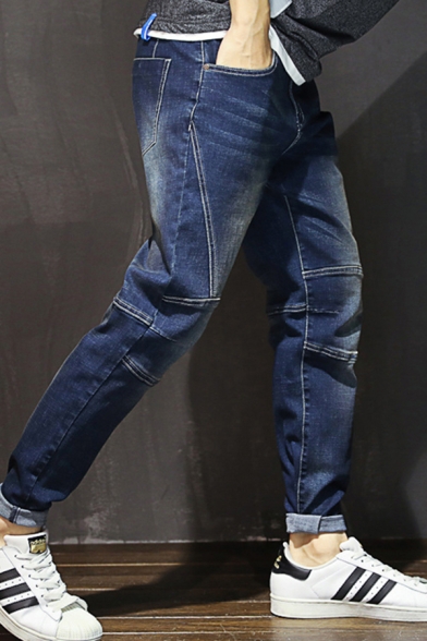 Unique Men's Jeans Contrast Piping Front Pocket Rolled up Hem Ankle Length Tapered Denim Jeans