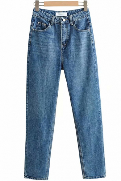 Unique Women's Jeans Faded Wash Zip Fly Pocket Detail High Rise Long Tapered Denim Jeans