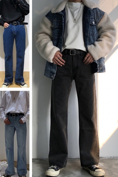 Basic Men's Pants Solid Color Mid Rise Pocket Detail Zip Fly Long Denim Pants