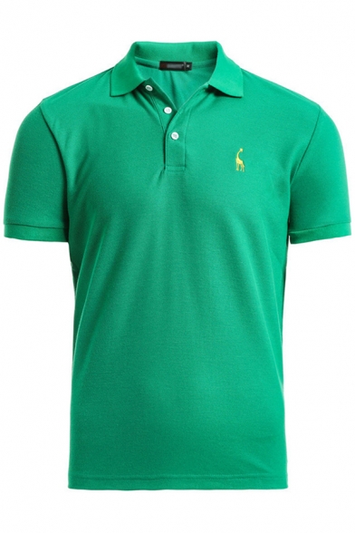 Basic Men's Polo Shirt Giraffe Embroidered Button Detail Spread Collar Short Sleeves Regular Fitted Polo Shirt