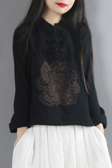 Chinese Style T Shirt Floral Embroidered Linen and Cotton Long Sleeve Crew Neck Frog Button Relaxed Tee Top