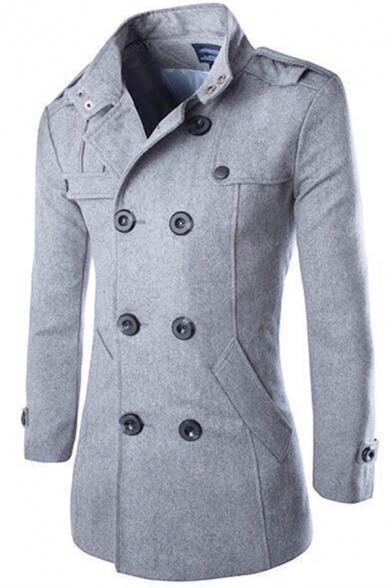 Fancy Men's Woolen Coat Solid Color Double Breasted Stand Collar Long Sleeves Split Hem Regular Fitted Woolen Coat