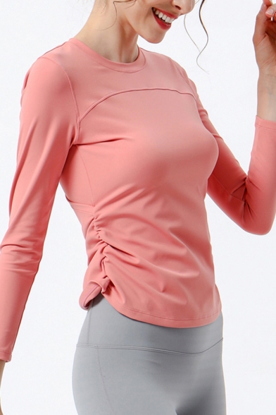 Fancy Women's T-Shirt Solid Color Round Neck Ruched Detail Long Sleeves Slim Fitted Tee Top