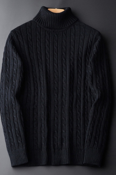 Fashion Mens Sweater Cable Knit Long Sleeve Turtleneck Relaxed Fit Solid Pullover Sweater