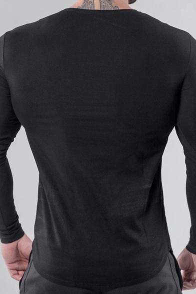 Leisure Tee Top Solid Color Long Sleeve Crew Neck Curved Hem Slim Fit T Shirt for Men