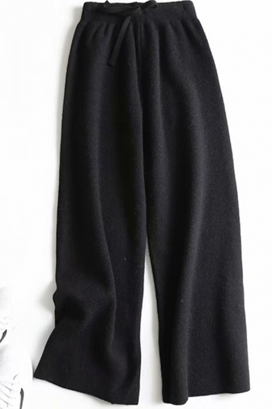 Leisure Women's Pants Solid Color Drawstring Waist Long Wide Leg Knitted Pants