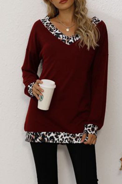 Leisure Women's Tee Top Contrast Trim Leopard Print V Neck Long Puff Sleeves V Neck Regular Fitted T-Shirt