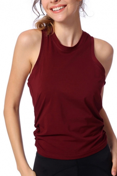 Leisure Womens Tank Top Solid Crew Neck Cut Out Twist Back Relaxed Fit Tank Top