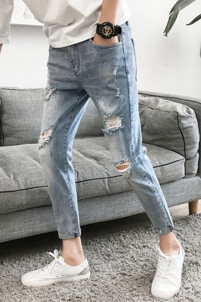 Men's New Fashion Simple Plain Light Blue Distressed Ripped Jeans