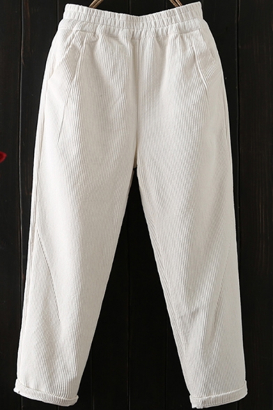 Retro Womens Pants Sherpa Liner Corduroy Elastic Waist Ankle Length Relaxed Plain Pants