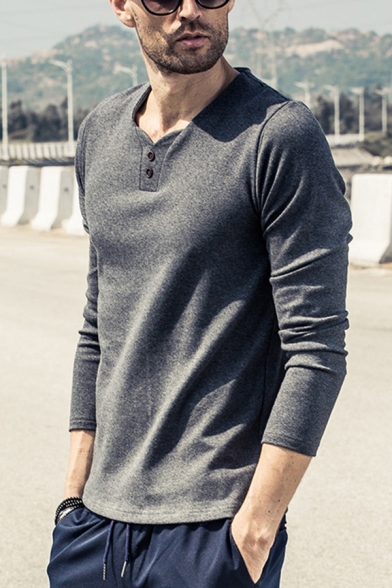 Simple Mens T Shirt Sherpa Liner Long Sleeve Henley Collar Fitted Plain T Shirt