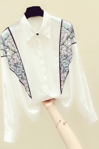 Stylish Women's Shirt Contrast Panel Button Fly Point Collar Long Sleeve Regular Fitted Shirt