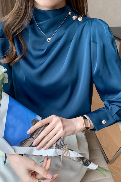Stylish Womens Shirt Satin Long Sleeve Mock Neck Pleated Metal Button Regular Plain Shirt Top