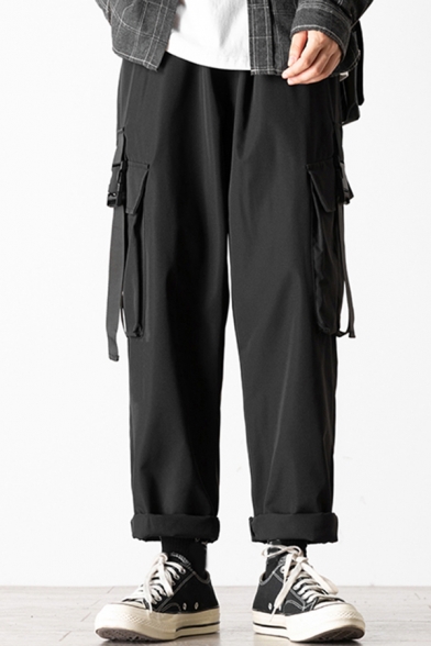 Trendy Men's Pants Solid Color Flap Pocket Buckle Detail Drawstring Elastic Waist Hem Ankle Length Pants