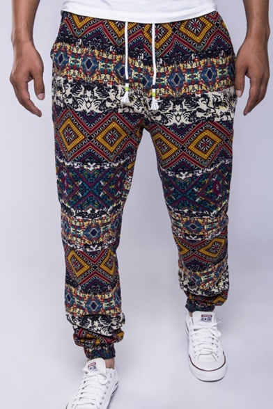 Trendy Men's Pants Tribal Printed Drawstring Waist Banded Cuffs Ankle Length Pants