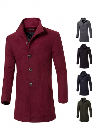 Trendy Men's Woolen Coat Solid Color Button Fly Side Pocket Stand Collar Long Sleeves Regular Fitted Woolen Coat