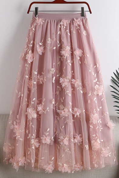 Trendy Women's Skirt Floral Embellished Elastic Waist Pleated Fully Lined Mesh-Gauze Long A-Line Skirt