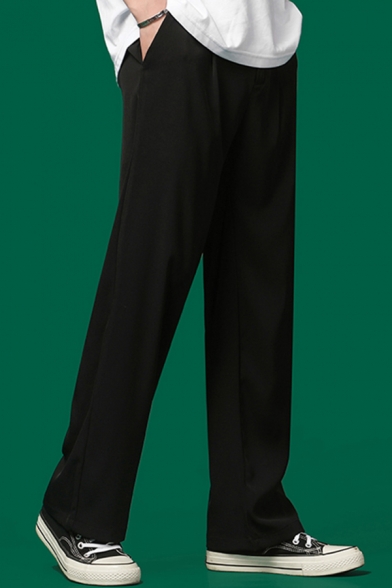 Unique Men's Pants Solid Color Pocket Detialed Zip Fly Long Straight Pants