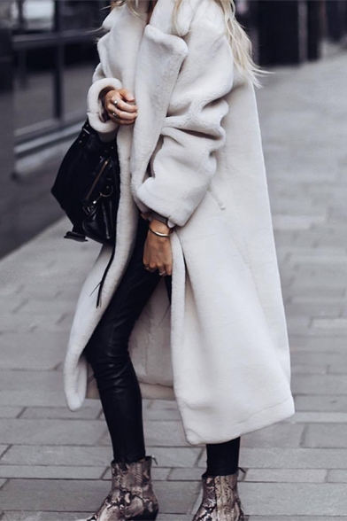 Womens Popular Winter Warm Long Sleeve Open Front Faux Fur White Longline Coat