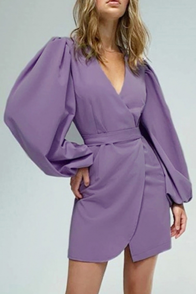 Boutique Womens Dress Blouson Sleeve Surplice Neck Tied Waist Solid Short Wrap Dress