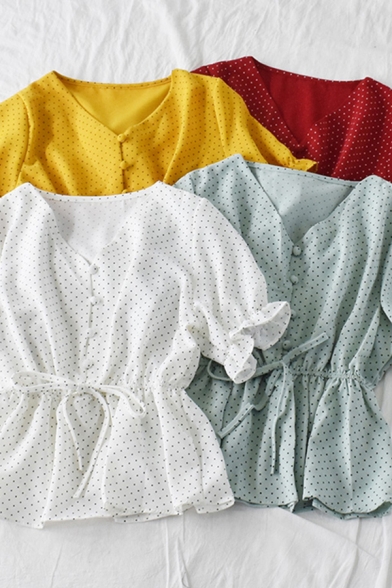 Casual Women's Shirt Blouse Polka Dot Pattern Button Fly Short Sleeve Drawstring Waist Regular Fitted Shirt Blouse