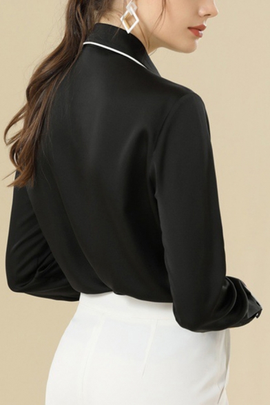 Elegant Ladies Shirt Contrast Pipe Long Sleeve Point Collar Pearl Button Regular Fit Shirt